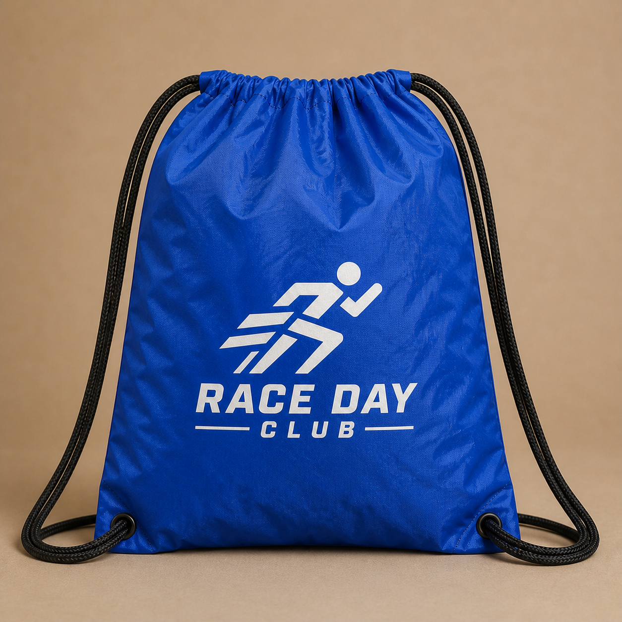Front view of the lightweight royal-blue 210D RACE DAY CLUB drawstring bag