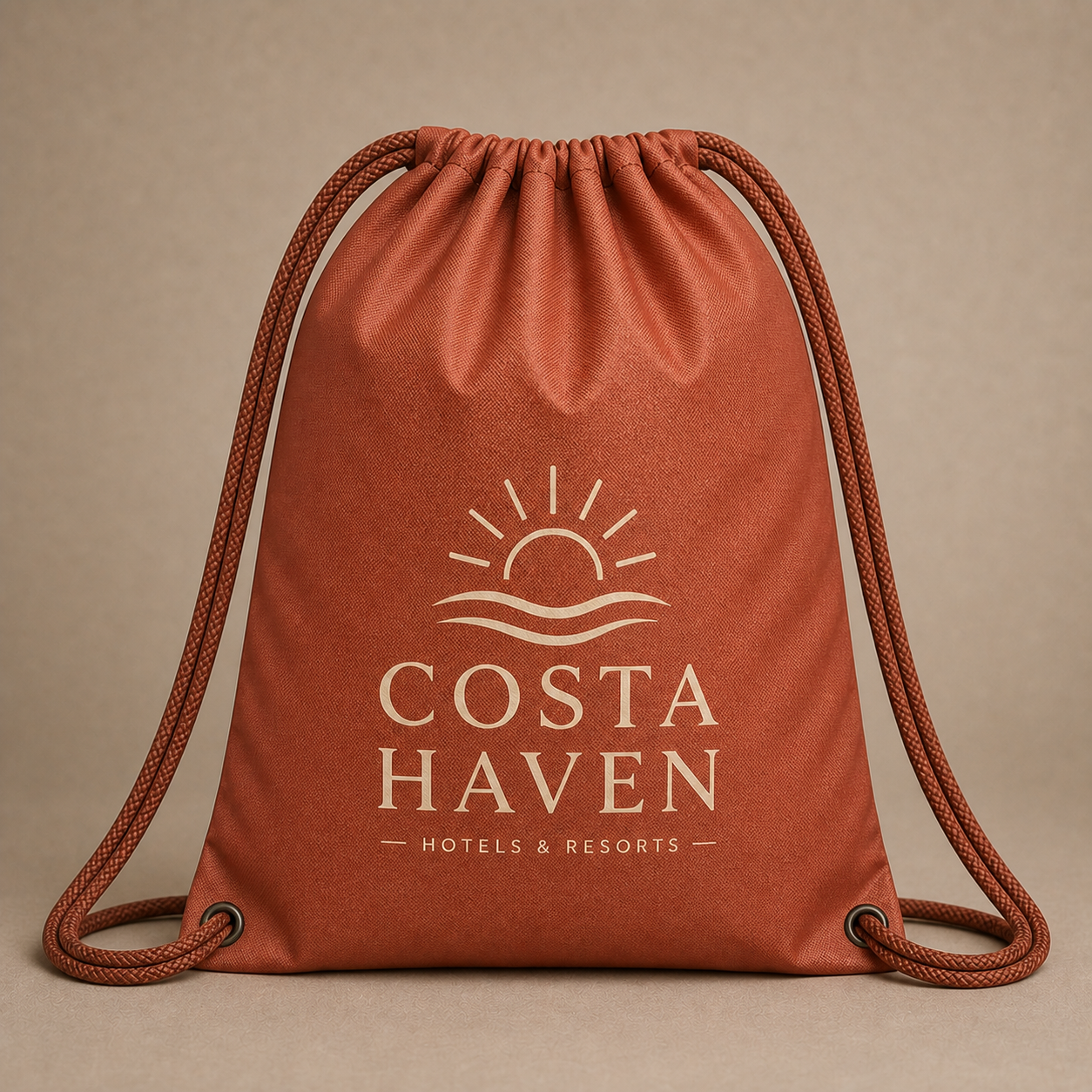 Front view of the midweight terracotta 420D COSTA HAVEN drawstring bag