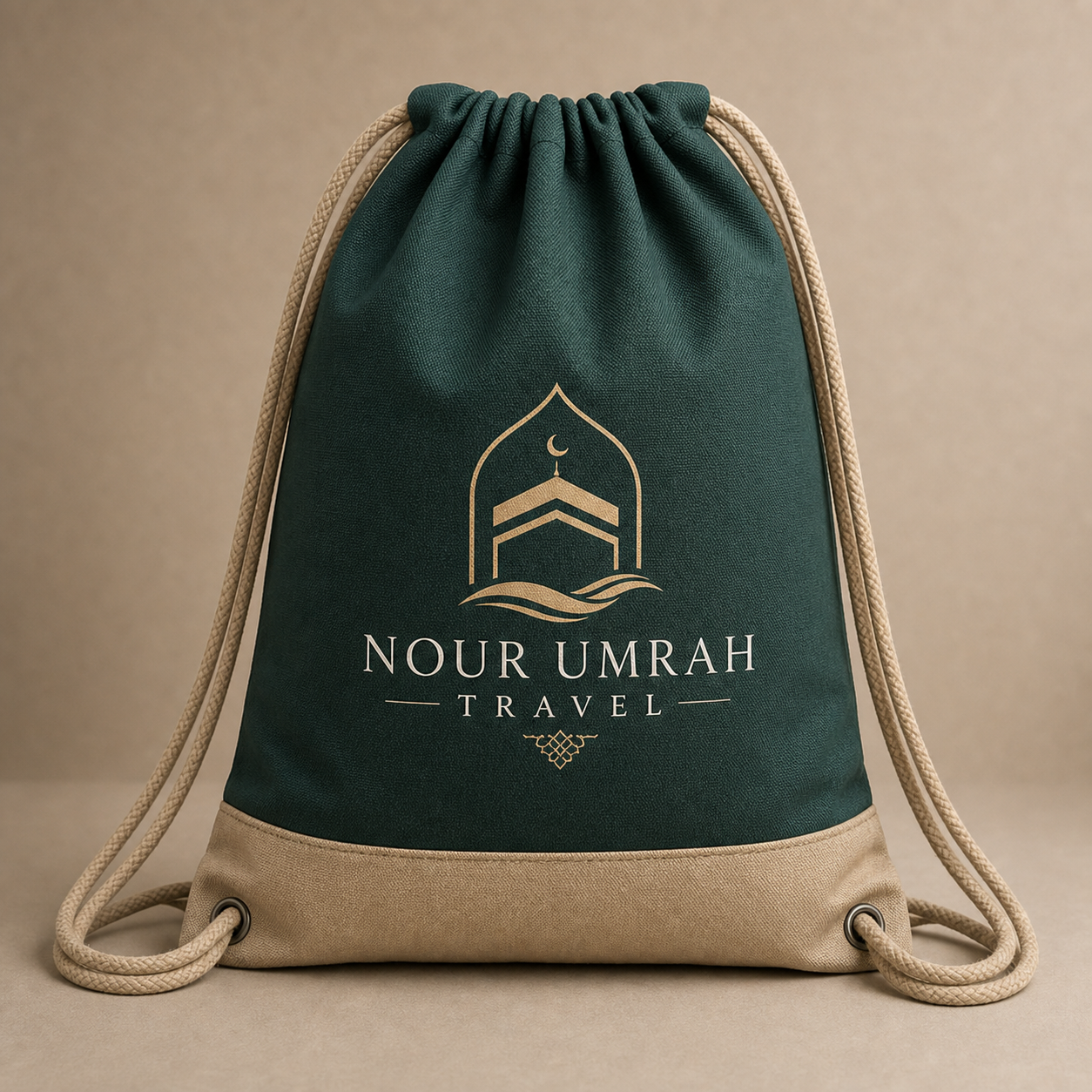 Front view of the premium 600D NOUR UMRAH TRAVEL drawstring bag